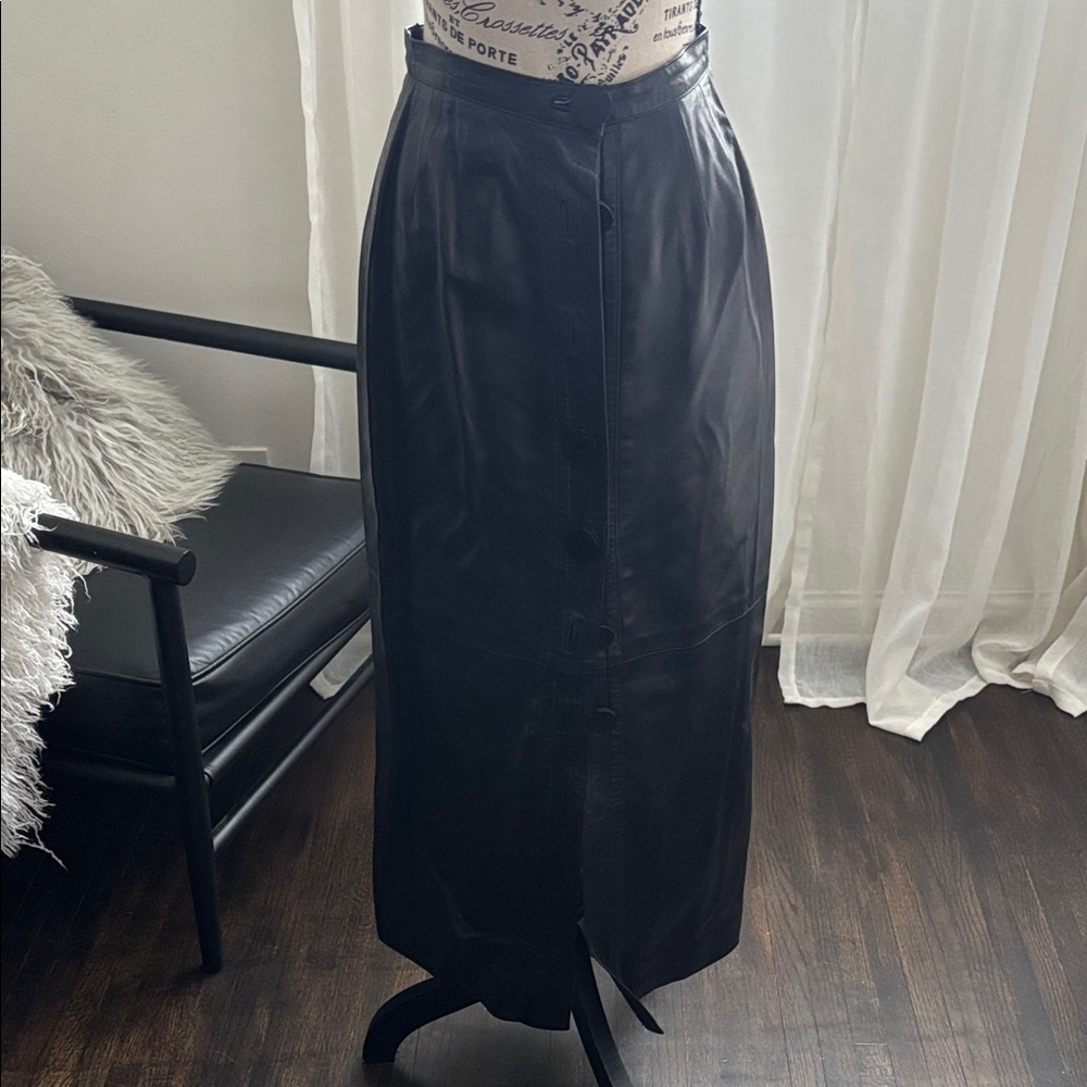 Vintage Balenciaga Black Leather Long Skirt xs